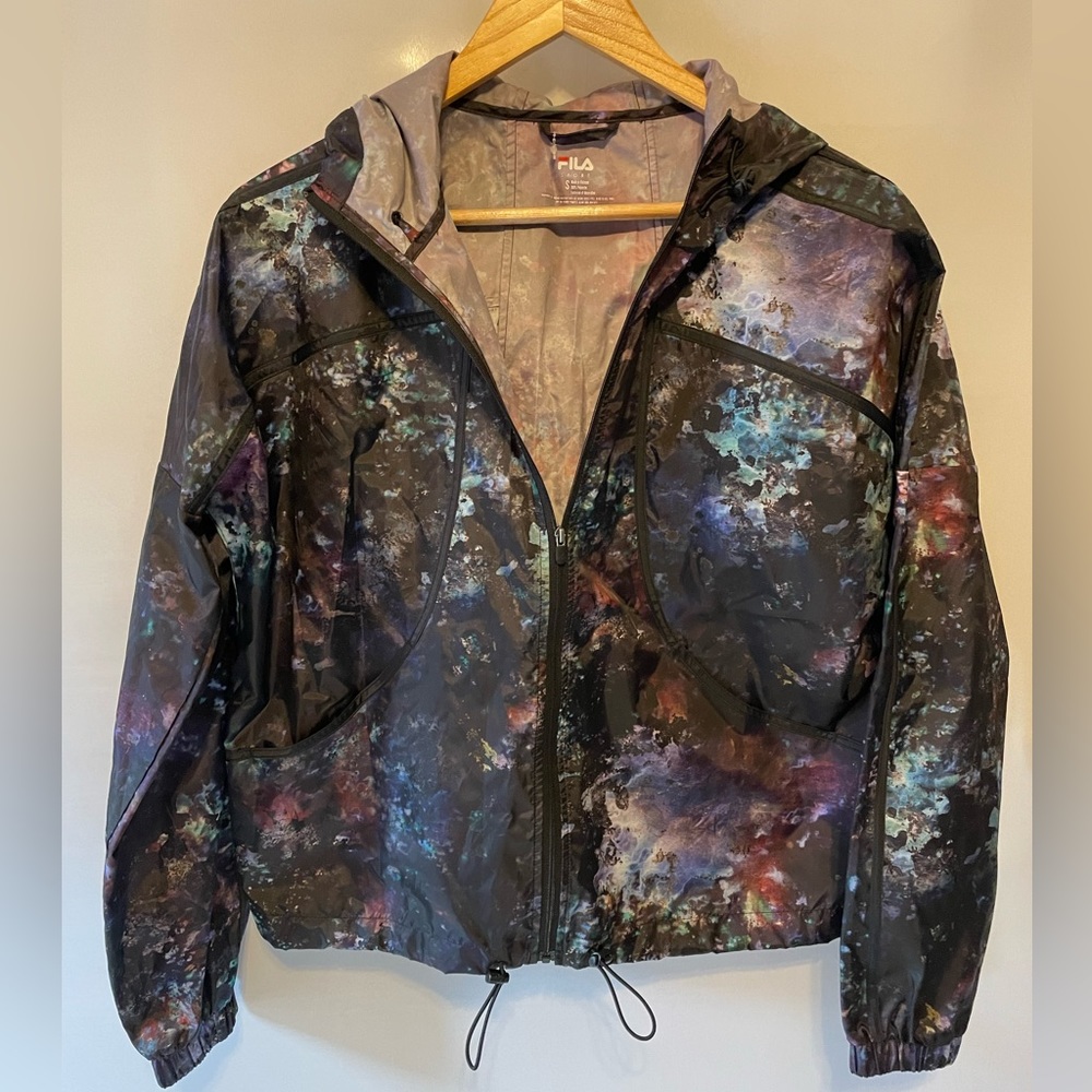 FILA Sport Space Galaxy Windbreaker Jacket Small Women Full Zip Cropped Waist